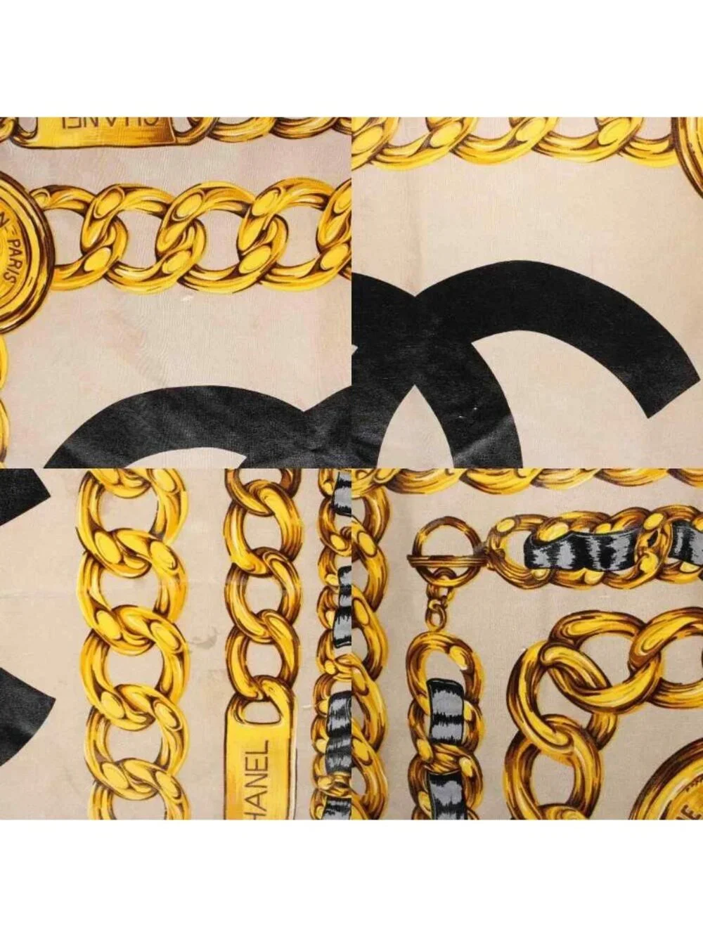 Chanel Large Scarf Shawl CC Logo Chain All Over Print Beige Yellow Black